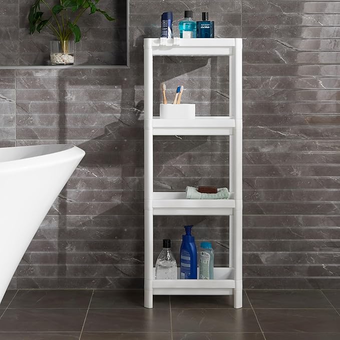 4-LAYER MULTIFUNCTIONAL STORAGE RACK – SPACE-SAVING PLASTIC SHELF ORGANIZER FOR BATHROOM, KITCHEN & LIVING ROOM