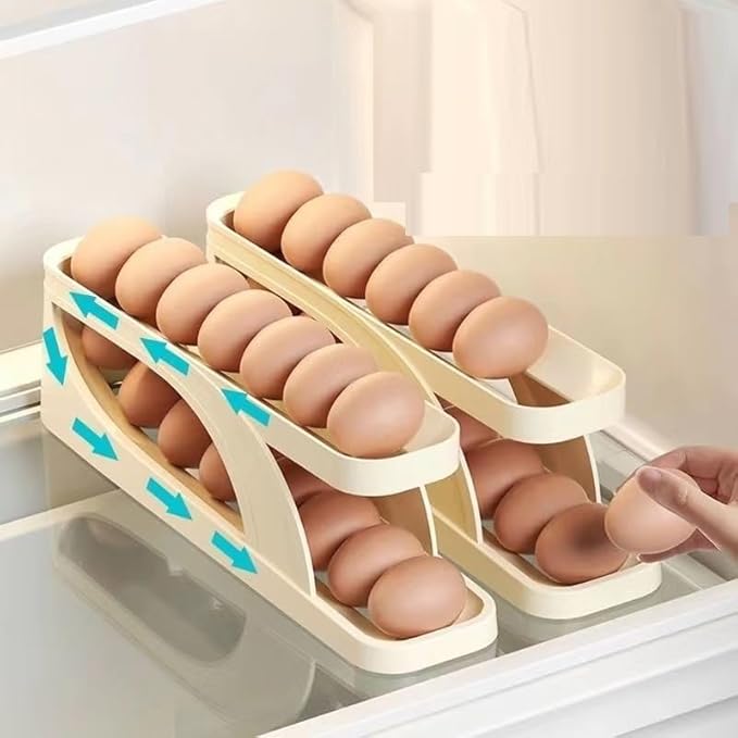 ROLLING EGG HOLDER FOR FRIDGE – 2-TIER SPACE SAVER WITH AUTO DISPENSE FUNCTION