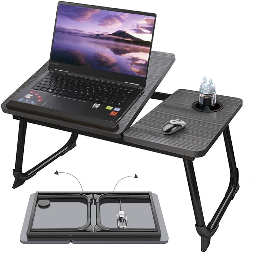 ADJUSTABLE DOUBLE HEAD FOLDING LAPTOP BED DESK WITH TILT TABLETOP & CUP HOLDER