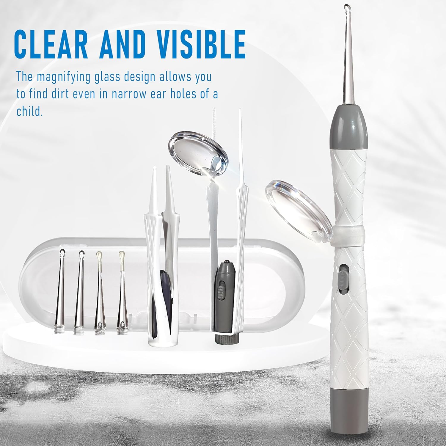 RECHARGEABLE LED EARWAX REMOVAL TOOL KIT WITH MAGNIFIER – SAFE & HYGIENIC EAR CLEANING DEVICE WITH PRECISE CLAMP HEAD AND SOFT SILICONE INSERT