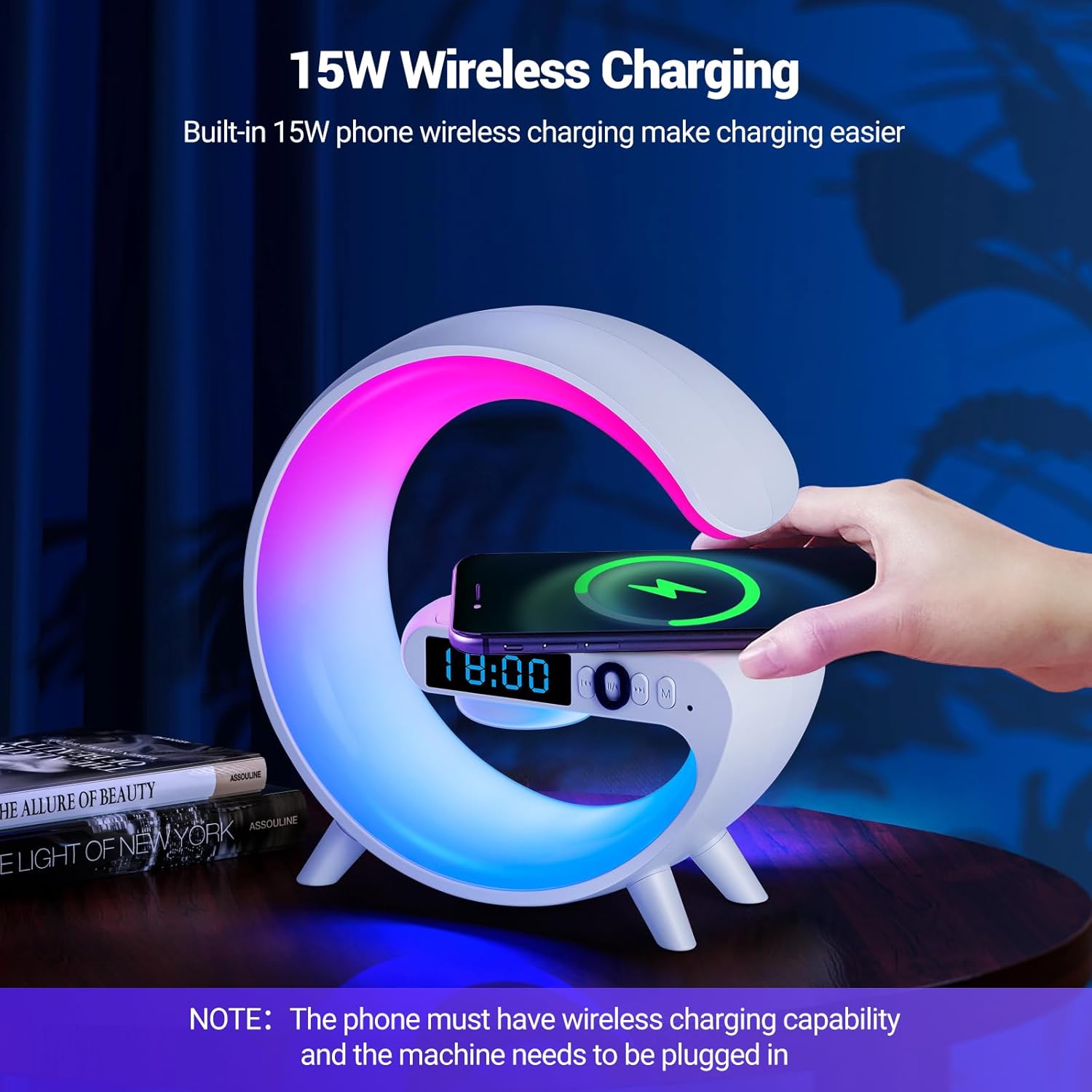 G SHAPE SMART RGB LED NIGHT LAMP WITH BLUETOOTH SPEAKER, WIRELESS CHARGER & ALARM CLOCK