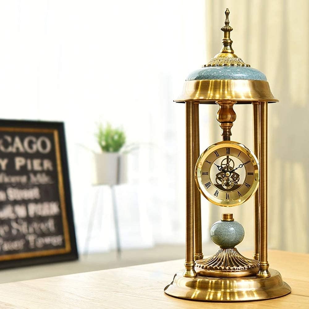 ANTIQUE GOLDEN SKELETON DIAL DESK CLOCK EUROPEAN STYLE RETRO LIGHT LUXURY WATCH