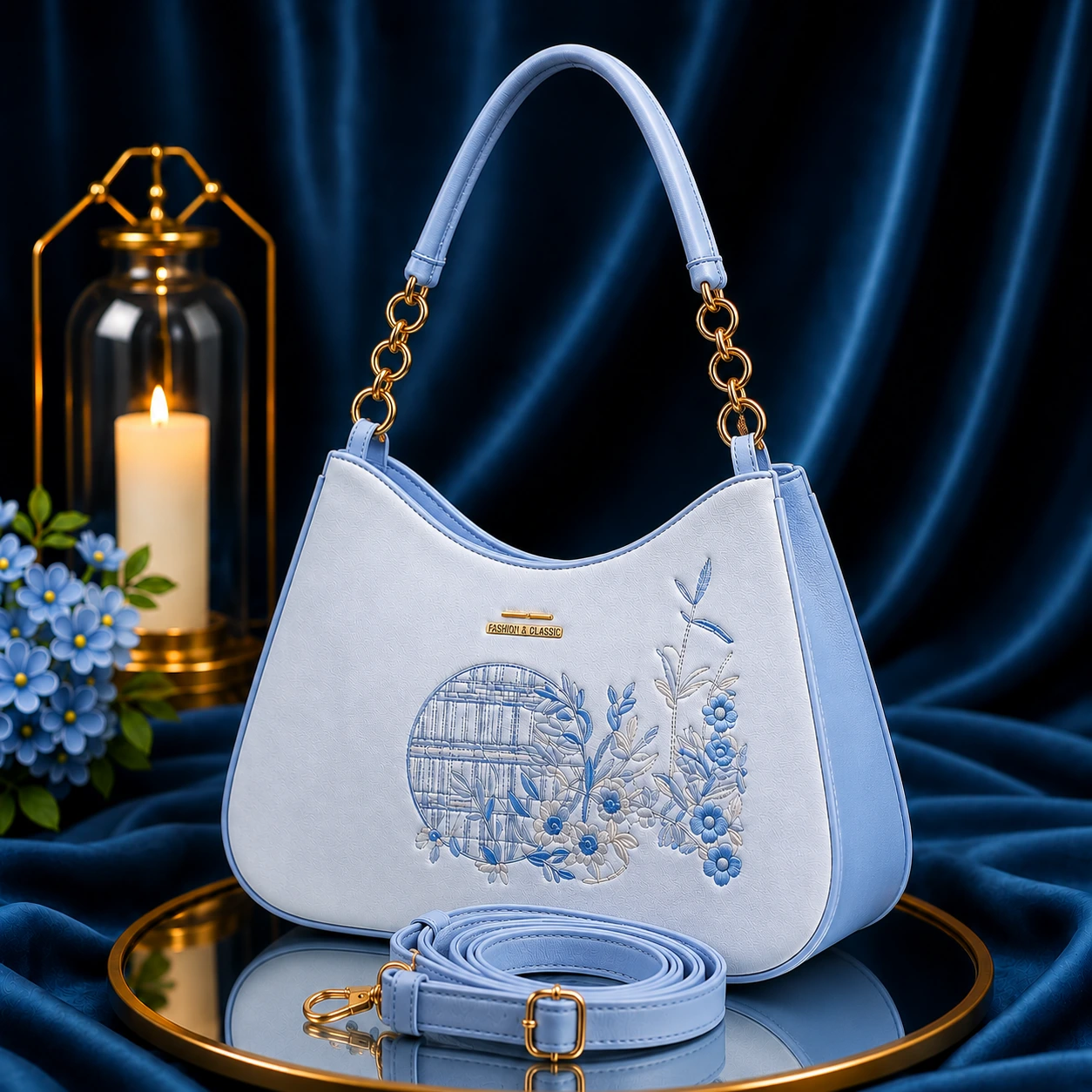 BLUE PREMIUM EMBROIDERY DESIGN LADIES BAG WITH LONG STRAP