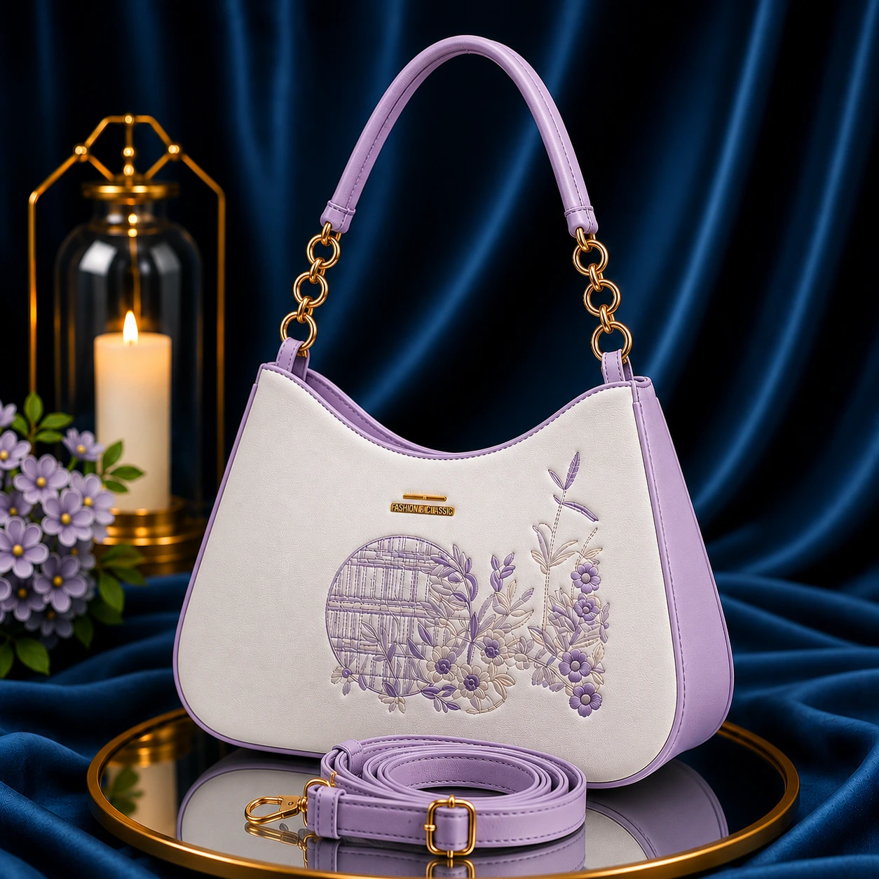 LAVENDER PREMIUM EMBROIDERY DESIGN LADIES BAG WITH LONG STRAP